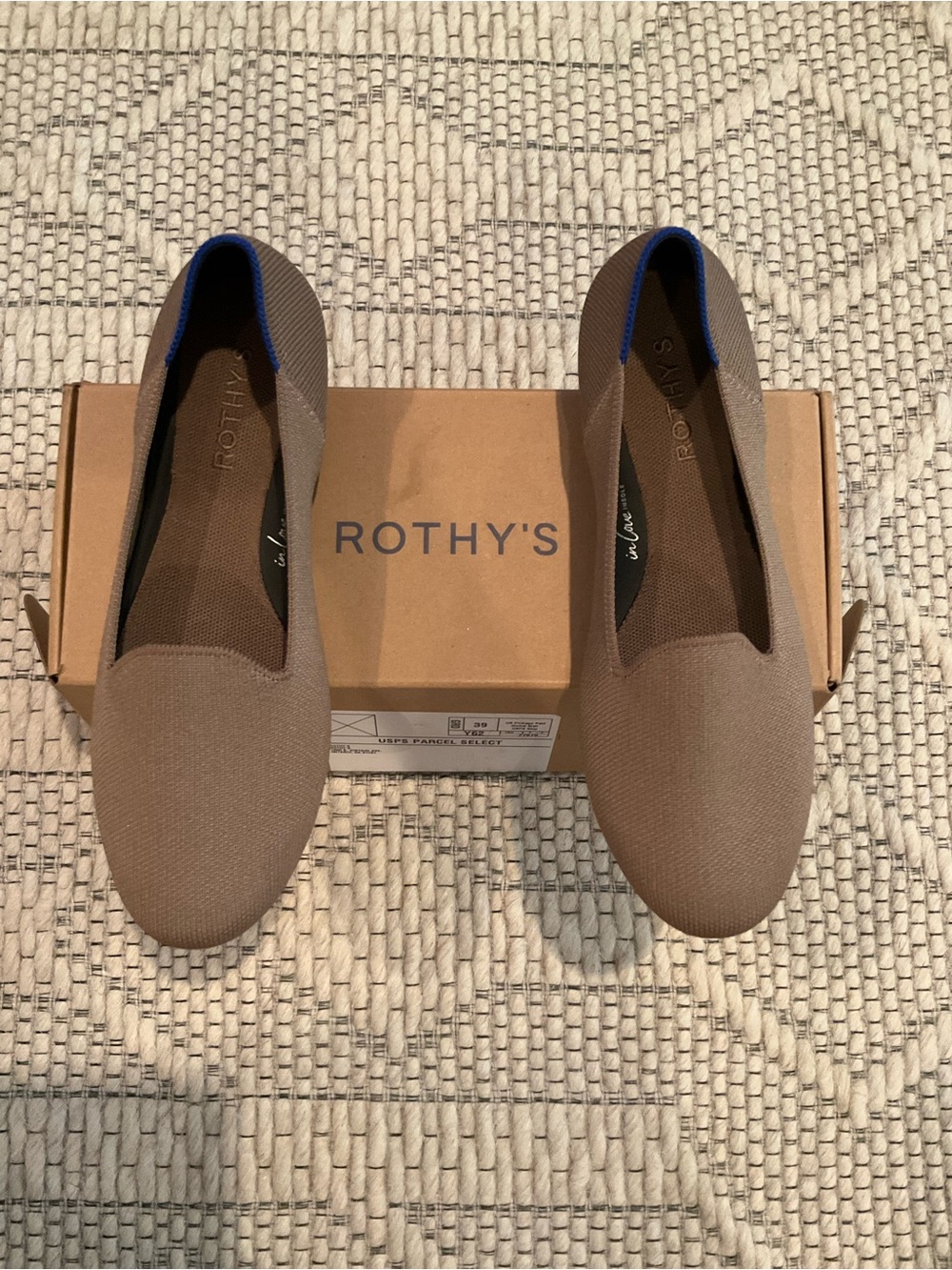Rothy's Neutral Brown Knit Slip-On Flats with Blue Trim